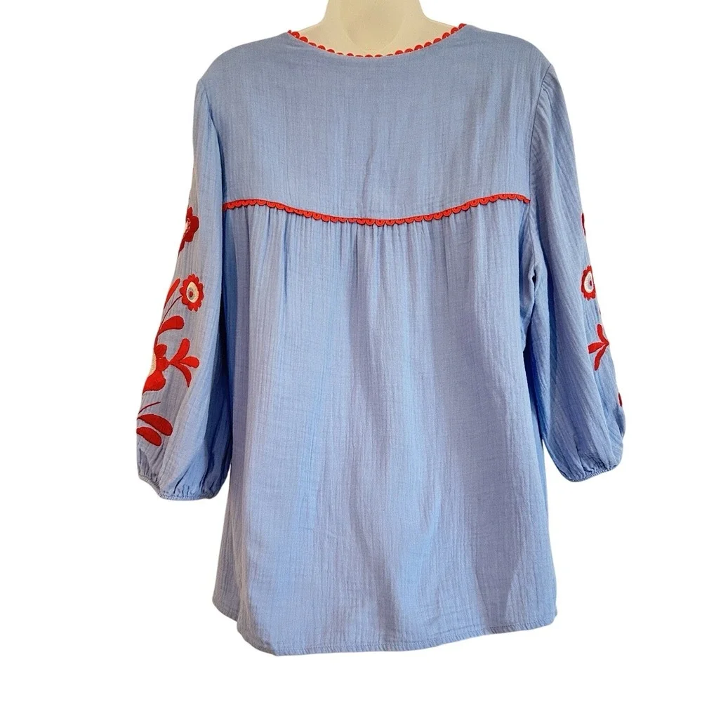Boden Boho Embroidered Blouse Sz 12 Blue Red 3/4 Balloon Sleeve Cotton Peasant - Picture 2 of 13